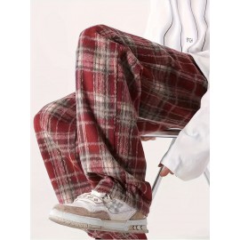Men's Loose Fit Plaid Trousers, Breathable Comfort, Drawstring & Pockets Men's Loose Fit Plaid Trousers, Breathable Comfort, Drawstring & Pockets