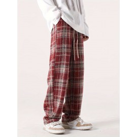 Men's Loose Fit Plaid Trousers, Breathable Comfort, Drawstring & Pockets Men's Loose Fit Plaid Trousers, Breathable Comfort, Drawstring & Pockets