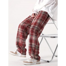 Men's Loose Fit Plaid Trousers, Breathable Comfort, Drawstring & Pockets Men's Loose Fit Plaid Trousers, Breathable Comfort, Drawstring & Pockets