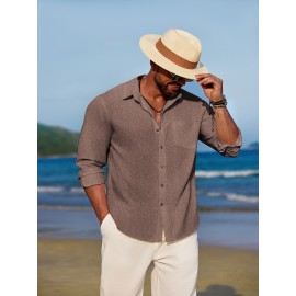 Men'S Polyester Chambray Casual Dress Shirt, Sexy Lapel Collar, Long Sleeve, Solid Color, Slight Stretch Fabric, with Front Slit Hem, Single Breasted Placket, for All-Season Party Wear Men'S Polyester Chambray Casual Dress Shirt, Sexy Lapel Collar, Long Sleeve, Solid Color, Slight Stretch Fabric, with Front Slit Hem, Single Breasted Placket, for All-Season Party Wear
