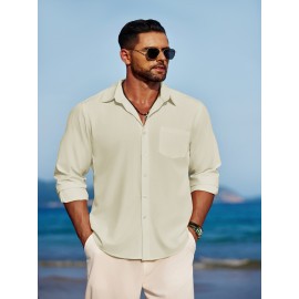 Men'S Polyester Chambray Casual Dress Shirt, Sexy Lapel Collar, Long Sleeve, Solid Color, Slight Stretch Fabric, with Front Slit Hem, Single Breasted Placket, for All-Season Party Wear Men'S Polyester Chambray Casual Dress Shirt, Sexy Lapel Collar, Long Sleeve, Solid Color, Slight Stretch Fabric, with Front Slit Hem, Single Breasted Placket, for All-Season Party Wear