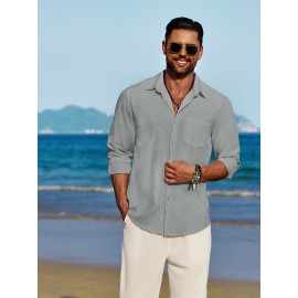Men'S Polyester Chambray Casual Dress Shirt, Sexy Lapel Collar, Long Sleeve, Solid Color, Slight Stretch Fabric, with Front Slit Hem, Single Breasted Placket, for All-Season Party Wear Men'S Polyester Chambray Casual Dress Shirt, Sexy Lapel Collar, Long Sleeve, Solid Color, Slight Stretch Fabric, with Front Slit Hem, Single Breasted Placket, for All-Season Party Wear