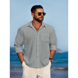 Men'S Polyester Chambray Casual Dress Shirt, Sexy Lapel Collar, Long Sleeve, Solid Color, Slight Stretch Fabric, with Front Slit Hem, Single Breasted Placket, for All-Season Party Wear Men'S Polyester Chambray Casual Dress Shirt, Sexy Lapel Collar, Long Sleeve, Solid Color, Slight Stretch Fabric, with Front Slit Hem, Single Breasted Placket, for All-Season Party Wear