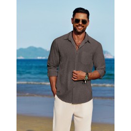 Men'S Polyester Chambray Casual Dress Shirt, Sexy Lapel Collar, Long Sleeve, Solid Color, Slight Stretch Fabric, with Front Slit Hem, Single Breasted Placket, for All-Season Party Wear Men'S Polyester Chambray Casual Dress Shirt, Sexy Lapel Collar, Long Sleeve, Solid Color, Slight Stretch Fabric, with Front Slit Hem, Single Breasted Placket, for All-Season Party Wear