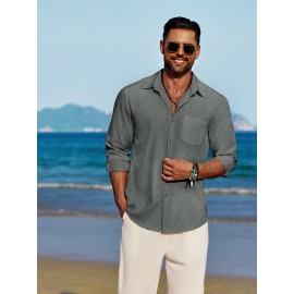 Men'S Polyester Chambray Casual Dress Shirt, Sexy Lapel Collar, Long Sleeve, Solid Color, Slight Stretch Fabric, with Front Slit Hem, Single Breasted Placket, for All-Season Party Wear Men'S Polyester Chambray Casual Dress Shirt, Sexy Lapel Collar, Long Sleeve, Solid Color, Slight Stretch Fabric, with Front Slit Hem, Single Breasted Placket, for All-Season Party Wear