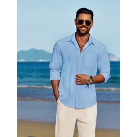 Men'S Polyester Chambray Casual Dress Shirt, Sexy Lapel Collar, Long Sleeve, Solid Color, Slight Stretch Fabric, with Front Slit Hem, Single Breasted Placket, for All-Season Party Wear Men'S Polyester Chambray Casual Dress Shirt, Sexy Lapel Collar, Long Sleeve, Solid Color, Slight Stretch Fabric, with Front Slit Hem, Single Breasted Placket, for All-Season Party Wear