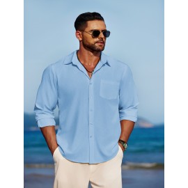 Men'S Polyester Chambray Casual Dress Shirt, Sexy Lapel Collar, Long Sleeve, Solid Color, Slight Stretch Fabric, with Front Slit Hem, Single Breasted Placket, for All-Season Party Wear Men'S Polyester Chambray Casual Dress Shirt, Sexy Lapel Collar, Long Sleeve, Solid Color, Slight Stretch Fabric, with Front Slit Hem, Single Breasted Placket, for All-Season Party Wear