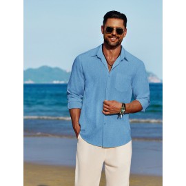 Men'S Polyester Chambray Casual Dress Shirt, Sexy Lapel Collar, Long Sleeve, Solid Color, Slight Stretch Fabric, with Front Slit Hem, Single Breasted Placket, for All-Season Party Wear Men'S Polyester Chambray Casual Dress Shirt, Sexy Lapel Collar, Long Sleeve, Solid Color, Slight Stretch Fabric, with Front Slit Hem, Single Breasted Placket, for All-Season Party Wear