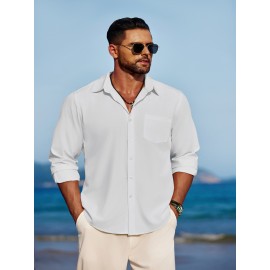 Men'S Polyester Chambray Casual Dress Shirt, Sexy Lapel Collar, Long Sleeve, Solid Color, Slight Stretch Fabric, with Front Slit Hem, Single Breasted Placket, for All-Season Party Wear Men'S Polyester Chambray Casual Dress Shirt, Sexy Lapel Collar, Long Sleeve, Solid Color, Slight Stretch Fabric, with Front Slit Hem, Single Breasted Placket, for All-Season Party Wear