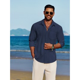 Men'S Polyester Chambray Casual Dress Shirt, Sexy Lapel Collar, Long Sleeve, Solid Color, Slight Stretch Fabric, with Front Slit Hem, Single Breasted Placket, for All-Season Party Wear Men'S Polyester Chambray Casual Dress Shirt, Sexy Lapel Collar, Long Sleeve, Solid Color, Slight Stretch Fabric, with Front Slit Hem, Single Breasted Placket, for All-Season Party Wear