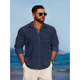 Men'S Polyester Chambray Casual Dress Shirt, Sexy Lapel Collar, Long Sleeve, Solid Color, Slight Stretch Fabric, with Front Slit Hem, Single Breasted Placket, for All-Season Party Wear Men'S Polyester Chambray Casual Dress Shirt, Sexy Lapel Collar, Long Sleeve, Solid Color, Slight Stretch Fabric, with Front Slit Hem, Single Breasted Placket, for All-Season Party Wear