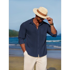 Men'S Polyester Chambray Casual Dress Shirt, Sexy Lapel Collar, Long Sleeve, Solid Color, Slight Stretch Fabric, with Front Slit Hem, Single Breasted Placket, for All-Season Party Wear Men'S Polyester Chambray Casual Dress Shirt, Sexy Lapel Collar, Long Sleeve, Solid Color, Slight Stretch Fabric, with Front Slit Hem, Single Breasted Placket, for All-Season Party Wear