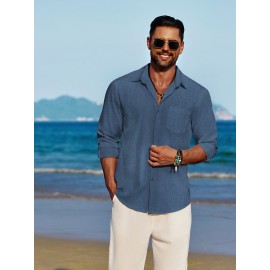 Men'S Polyester Chambray Casual Dress Shirt, Sexy Lapel Collar, Long Sleeve, Solid Color, Slight Stretch Fabric, with Front Slit Hem, Single Breasted Placket, for All-Season Party Wear Men'S Polyester Chambray Casual Dress Shirt, Sexy Lapel Collar, Long Sleeve, Solid Color, Slight Stretch Fabric, with Front Slit Hem, Single Breasted Placket, for All-Season Party Wear