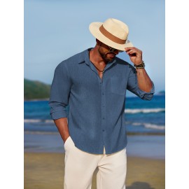 Men'S Polyester Chambray Casual Dress Shirt, Sexy Lapel Collar, Long Sleeve, Solid Color, Slight Stretch Fabric, with Front Slit Hem, Single Breasted Placket, for All-Season Party Wear Men'S Polyester Chambray Casual Dress Shirt, Sexy Lapel Collar, Long Sleeve, Solid Color, Slight Stretch Fabric, with Front Slit Hem, Single Breasted Placket, for All-Season Party Wear