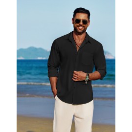 Men'S Polyester Chambray Casual Dress Shirt, Sexy Lapel Collar, Long Sleeve, Solid Color, Slight Stretch Fabric, with Front Slit Hem, Single Breasted Placket, for All-Season Party Wear Men'S Polyester Chambray Casual Dress Shirt, Sexy Lapel Collar, Long Sleeve, Solid Color, Slight Stretch Fabric, with Front Slit Hem, Single Breasted Placket, for All-Season Party Wear