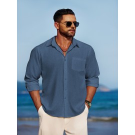 Men'S Polyester Chambray Casual Dress Shirt, Sexy Lapel Collar, Long Sleeve, Solid Color, Slight Stretch Fabric, with Front Slit Hem, Single Breasted Placket, for All-Season Party Wear Men'S Polyester Chambray Casual Dress Shirt, Sexy Lapel Collar, Long Sleeve, Solid Color, Slight Stretch Fabric, with Front Slit Hem, Single Breasted Placket, for All-Season Party Wear