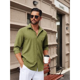 Men'S Polyester Chambray Casual Dress Shirt, Sexy Lapel Collar, Long Sleeve, Solid Color, Slight Stretch Fabric, with Front Slit Hem, Single Breasted Placket, for All-Season Party Wear Men'S Polyester Chambray Casual Dress Shirt, Sexy Lapel Collar, Long Sleeve, Solid Color, Slight Stretch Fabric, with Front Slit Hem, Single Breasted Placket, for All-Season Party Wear