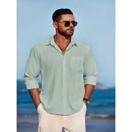 Men'S Polyester Chambray Casual Dress Shirt, Sexy Lapel Collar, Long Sleeve, Solid Color, Slight Stretch Fabric, with Front Slit Hem, Single Breasted Placket, for All-Season Party Wear Men'S Polyester Chambray Casual Dress Shirt, Sexy Lapel Collar, Long Sleeve, Solid Color, Slight Stretch Fabric, with Front Slit Hem, Single Breasted Placket, for All-Season Party Wear