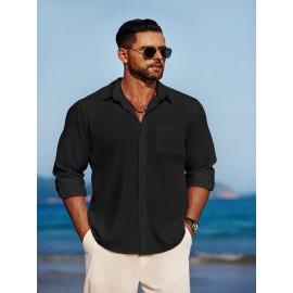 Men'S Polyester Chambray Casual Dress Shirt, Sexy Lapel Collar, Long Sleeve, Solid Color, Slight Stretch Fabric, with Front Slit Hem, Single Breasted Placket, for All-Season Party Wear Men'S Polyester Chambray Casual Dress Shirt, Sexy Lapel Collar, Long Sleeve, Solid Color, Slight Stretch Fabric, with Front Slit Hem, Single Breasted Placket, for All-Season Party Wear