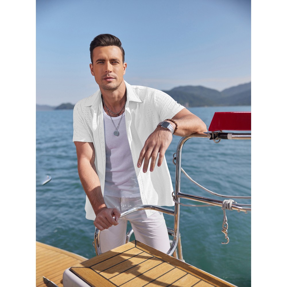 Men's Casual Button-Down Beach Shirt - Short Sleeve, Stretch Fabric, Summer Tropical Top with Turquoise Collar Men's Casual Button-Down Beach Shirt - Short Sleeve, Stretch Fabric, Summer Tropical Top with Turquoise Collar