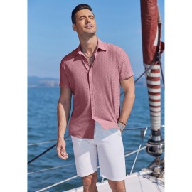 Men's Casual Button-Down Beach Shirt - Short Sleeve, Stretch Fabric, Summer Tropical Top with Turquoise Collar Men's Casual Button-Down Beach Shirt - Short Sleeve, Stretch Fabric, Summer Tropical Top with Turquoise Collar