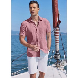 Men's Casual Button-Down Beach Shirt - Short Sleeve, Stretch Fabric, Summer Tropical Top with Turquoise Collar Men's Casual Button-Down Beach Shirt - Short Sleeve, Stretch Fabric, Summer Tropical Top with Turquoise Collar