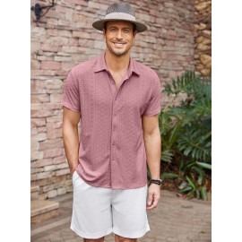 Men's Casual Button-Down Beach Shirt - Short Sleeve, Stretch Fabric, Summer Tropical Top with Turquoise Collar Men's Casual Button-Down Beach Shirt - Short Sleeve, Stretch Fabric, Summer Tropical Top with Turquoise Collar