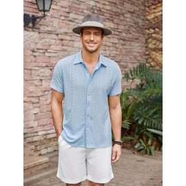 Men's Casual Button-Down Beach Shirt - Short Sleeve, Stretch Fabric, Summer Tropical Top with Turquoise Collar Men's Casual Button-Down Beach Shirt - Short Sleeve, Stretch Fabric, Summer Tropical Top with Turquoise Collar