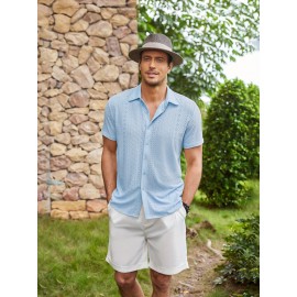 Men's Casual Button-Down Beach Shirt - Short Sleeve, Stretch Fabric, Summer Tropical Top with Turquoise Collar Men's Casual Button-Down Beach Shirt - Short Sleeve, Stretch Fabric, Summer Tropical Top with Turquoise Collar