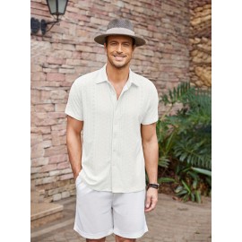 Men's Casual Button-Down Beach Shirt - Short Sleeve, Stretch Fabric, Summer Tropical Top with Turquoise Collar Men's Casual Button-Down Beach Shirt - Short Sleeve, Stretch Fabric, Summer Tropical Top with Turquoise Collar