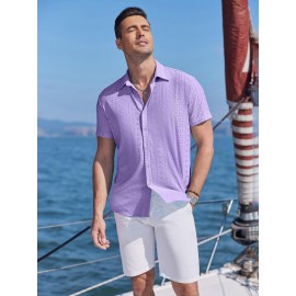 Men's Casual Button-Down Beach Shirt - Short Sleeve, Stretch Fabric, Summer Tropical Top with Turquoise Collar Men's Casual Button-Down Beach Shirt - Short Sleeve, Stretch Fabric, Summer Tropical Top with Turquoise Collar