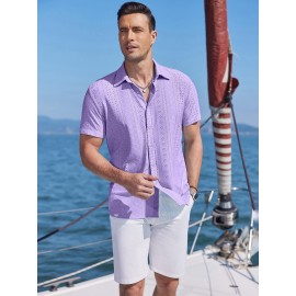 Men's Casual Button-Down Beach Shirt - Short Sleeve, Stretch Fabric, Summer Tropical Top with Turquoise Collar Men's Casual Button-Down Beach Shirt - Short Sleeve, Stretch Fabric, Summer Tropical Top with Turquoise Collar