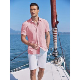 Men's Casual Button-Down Beach Shirt - Short Sleeve, Stretch Fabric, Summer Tropical Top with Turquoise Collar Men's Casual Button-Down Beach Shirt - Short Sleeve, Stretch Fabric, Summer Tropical Top with Turquoise Collar