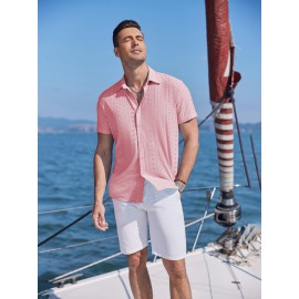 Men's Casual Button-Down Beach Shirt - Short Sleeve, Stretch Fabric, Summer Tropical Top with Turquoise Collar Men's Casual Button-Down Beach Shirt - Short Sleeve, Stretch Fabric, Summer Tropical Top with Turquoise Collar