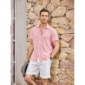 Men's Casual Button-Down Beach Shirt - Short Sleeve, Stretch Fabric, Summer Tropical Top with Turquoise Collar Men's Casual Button-Down Beach Shirt - Short Sleeve, Stretch Fabric, Summer Tropical Top with Turquoise Collar