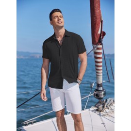 Men's Casual Button-Down Beach Shirt - Short Sleeve, Stretch Fabric, Summer Tropical Top with Turquoise Collar Men's Casual Button-Down Beach Shirt - Short Sleeve, Stretch Fabric, Summer Tropical Top with Turquoise Collar