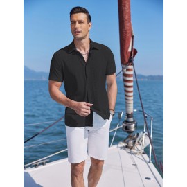 Men's Casual Button-Down Beach Shirt - Short Sleeve, Stretch Fabric, Summer Tropical Top with Turquoise Collar Men's Casual Button-Down Beach Shirt - Short Sleeve, Stretch Fabric, Summer Tropical Top with Turquoise Collar