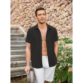 Men's Casual Button-Down Beach Shirt - Short Sleeve, Stretch Fabric, Summer Tropical Top with Turquoise Collar Men's Casual Button-Down Beach Shirt - Short Sleeve, Stretch Fabric, Summer Tropical Top with Turquoise Collar