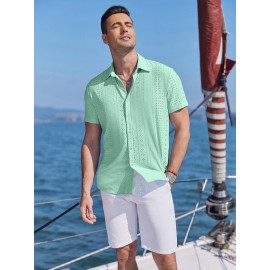Men's Casual Button-Down Beach Shirt - Short Sleeve, Stretch Fabric, Summer Tropical Top with Turquoise Collar Men's Casual Button-Down Beach Shirt - Short Sleeve, Stretch Fabric, Summer Tropical Top with Turquoise Collar
