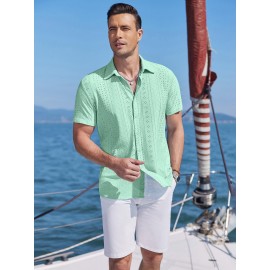 Men's Casual Button-Down Beach Shirt - Short Sleeve, Stretch Fabric, Summer Tropical Top with Turquoise Collar Men's Casual Button-Down Beach Shirt - Short Sleeve, Stretch Fabric, Summer Tropical Top with Turquoise Collar