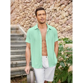 Men's Casual Button-Down Beach Shirt - Short Sleeve, Stretch Fabric, Summer Tropical Top with Turquoise Collar Men's Casual Button-Down Beach Shirt - Short Sleeve, Stretch Fabric, Summer Tropical Top with Turquoise Collar