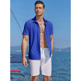 Men's Casual Button-Down Beach Shirt - Short Sleeve, Stretch Fabric, Summer Tropical Top with Turquoise Collar Men's Casual Button-Down Beach Shirt - Short Sleeve, Stretch Fabric, Summer Tropical Top with Turquoise Collar