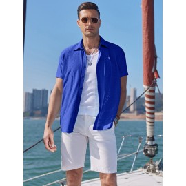 Men's Casual Button-Down Beach Shirt - Short Sleeve, Stretch Fabric, Summer Tropical Top with Turquoise Collar Men's Casual Button-Down Beach Shirt - Short Sleeve, Stretch Fabric, Summer Tropical Top with Turquoise Collar