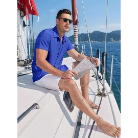 Men's Casual Button-Down Beach Shirt - Short Sleeve, Stretch Fabric, Summer Tropical Top with Turquoise Collar Men's Casual Button-Down Beach Shirt - Short Sleeve, Stretch Fabric, Summer Tropical Top with Turquoise Collar