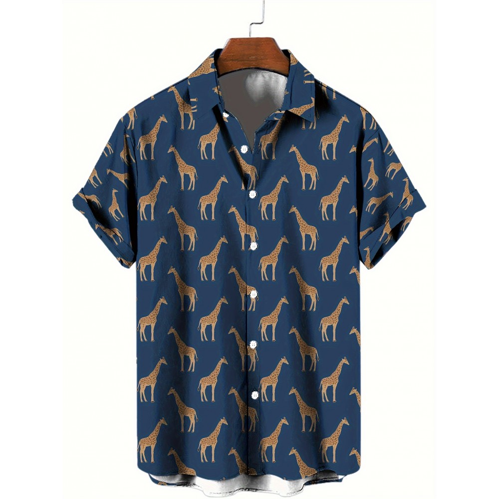 Men's Giraffe 3D Print Casual Shirt, Button Front Short Sleeve Top, Men's Clothes For Daily Wear/Party Men's Giraffe 3D Print Casual Shirt, Button Front Short Sleeve Top, Men's Clothes For Daily Wear/Party