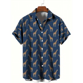Men's Giraffe 3D Print Casual Shirt, Button Front Short Sleeve Top, Men's Clothes For Daily Wear/Party Men's Giraffe 3D Print Casual Shirt, Button Front Short Sleeve Top, Men's Clothes For Daily Wear/Party