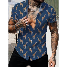 Men's Giraffe 3D Print Casual Shirt, Button Front Short Sleeve Top, Men's Clothes For Daily Wear/Party Men's Giraffe 3D Print Casual Shirt, Button Front Short Sleeve Top, Men's Clothes For Daily Wear/Party