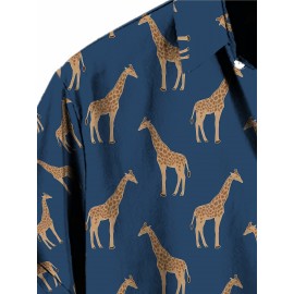 Men's Giraffe 3D Print Casual Shirt, Button Front Short Sleeve Top, Men's Clothes For Daily Wear/Party Men's Giraffe 3D Print Casual Shirt, Button Front Short Sleeve Top, Men's Clothes For Daily Wear/Party