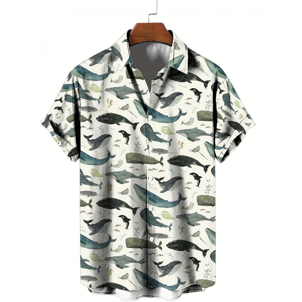 Men's Whale 3D Print Casual Shirt, Button Front Short Sleeve Top, Men's Clothes For Daily Wear/Party Men's Whale 3D Print Casual Shirt, Button Front Short Sleeve Top, Men's Clothes For Daily Wear/Party
