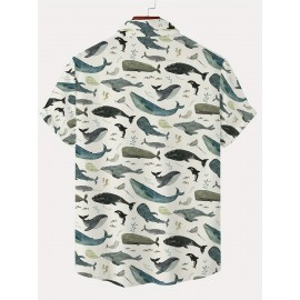 Men's Whale 3D Print Casual Shirt, Button Front Short Sleeve Top, Men's Clothes For Daily Wear/Party Men's Whale 3D Print Casual Shirt, Button Front Short Sleeve Top, Men's Clothes For Daily Wear/Party